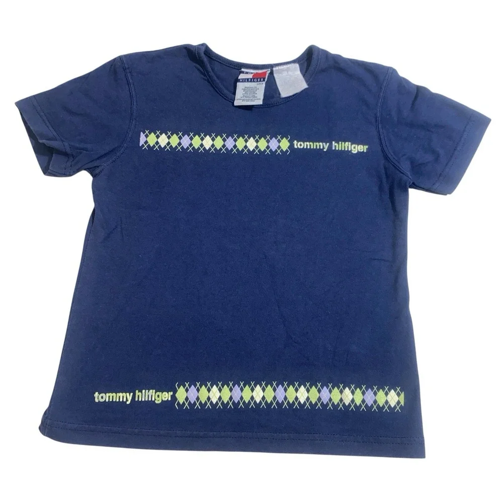 Vintage Tommy Hilfiger Navy Blue Argyle Logo Tee Made in USA Child‎ Boy Size S/P